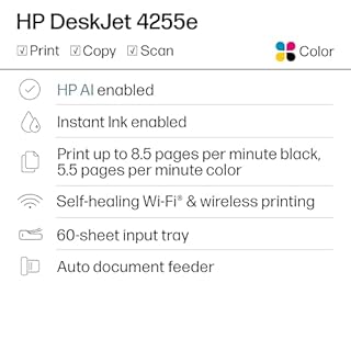 HP DeskJet 4255e Wireless All-in-One Color Inkjet Printer, Scanner, Copier, Best-for-home, 3 month Instant Ink trial included. This printer is only 2.4 ghz capable. AI-enabled (588S6A)