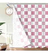 ORTIGIA Checkered Shower Curtain and PEVA Liner Set Pink White Cute Retro Checkboard Shower Curta...
