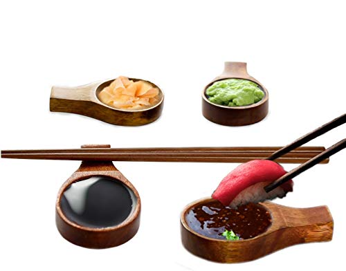 8 Pieces Wooden Chopstick Rest Set: 4 Wood Sauce Dish & Chopstciks Stand And Four Wood Chopsticks. Perfect For Asian Food: Ramen, Currys, Sushi, Miso, Dipping plates.