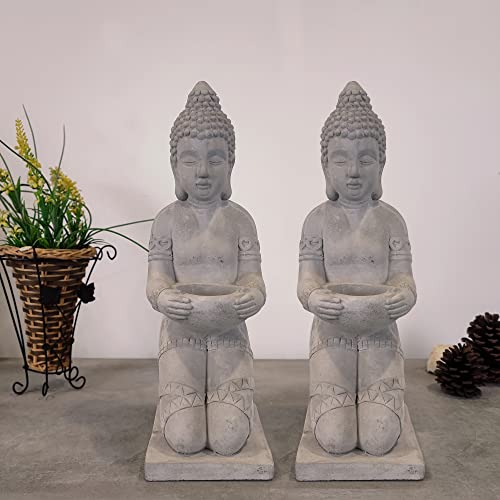 Kante 12.8" H Set Of 2 Cement Composite Buddha Statues Tealight Candle Holders Ornament, Natural Concrete Indoor/Outdoor Tabletop Décor #TOP1