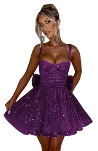 Mauuwy Tulle Short Homecoming Dresses with Bow Spaghetti Strap Prom Party Gown Sparkly Sweetheart Neck Cocktail Dresses