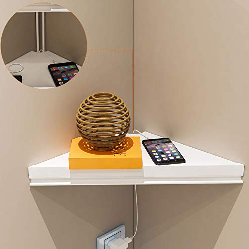 Evron Wall Mount Corner Shelf,Easy To Install Metal Front Floating Corner Shelf With Self-Adhesive Tapes,Wood Imitation Corner Shelves With Wire Pass Hole Pattern (White) #TOP3