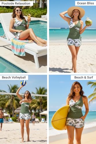 Image of Women Tankini Swimsuits with Shorts - Two Piece Tummy Control Bathing Suits Top with Two Pockets Bottom Swimwear