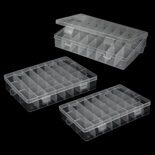 Image of 3Pack 24 Grids 7.7 x 5 x 1.4 inch Clear Plastic Tackle Box with Adjustable Dividers, Jewelry Organizers and Storage for Earring Organizer, Diamond Art Storage for Bead /Craft /Sewing /Fishing Organizers