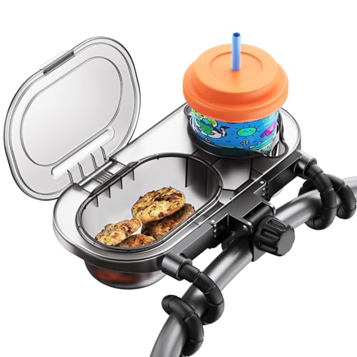 Universal Stroller Snack Tray: Cup Holder Tray with Silicone Flexible Arms Grip Stroller Tray with Dust Cover - Stroller Tray Attachment with Cups Holder for Baby & Toddler Stroller Accessories