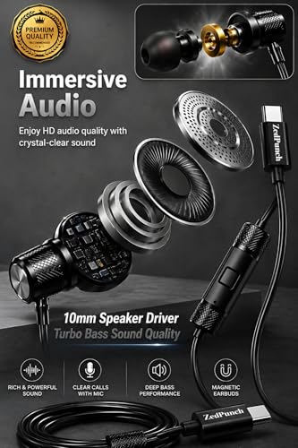 Image of Gaming Type-C Wired Earphone with Mic, 10mm Dynamic Bass Driver, Magnetic in-Ear Headphones, Low Latency Sound for Gaming, 1 Button Control, HD Calling, Voice Assistant, (Black)
