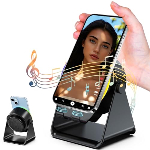 Dohelly Wireless Induction Speaker, Cell Phone Stand with Bluetooth Speaker, Stereo Sound, RGB Ambient Light, Phone Holder Compatible with iPhone/iPad/Android/Samsung Galaxy-Black