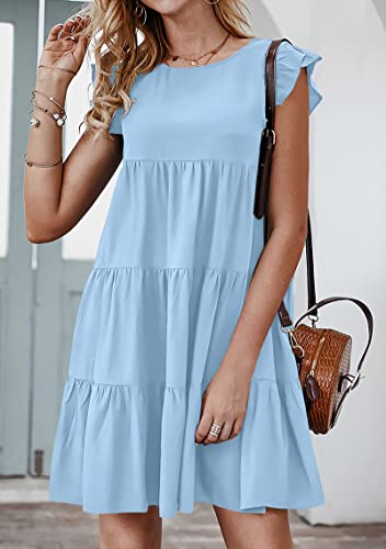 Image of KIRUNDO Summer Dresses for Women Sundress Sleeveless Ruffle Sleeve Round Neck Loose Short Flowy Pleated Mini Babydoll Dress
