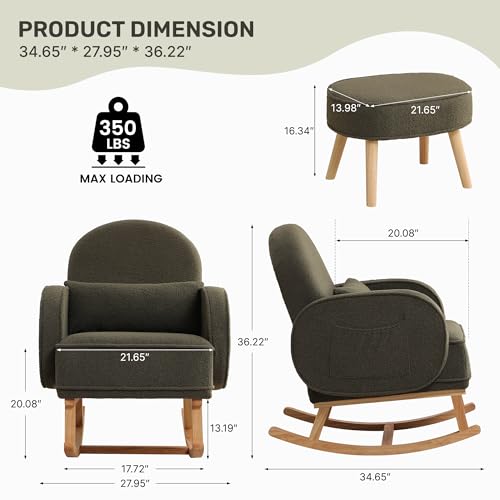 Image of HCHAIRH Rocking Chair with Ottoman, Upholstered Glider Rocker with High Backrest and Side Pocket, Rocking Accent Armchair with Solid Wood Legs for Nursery /Living Room /Bedroom Green