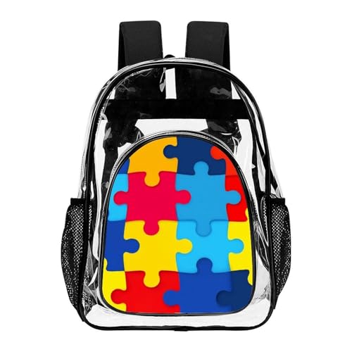 Water-Resistant Portable Transparent Backpacks with Side Mesh Pockets for Women and Men Casual Daily Use (Autism Awareness Colorful Puzzles)