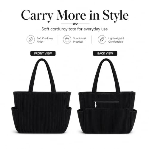 Image of Kawn Korean Tote Bag Aesthetic Corduroy Canvas Handbag for Women Zipper Casual Large Capacity Shoulder Bag with Pockets Versatile Everyday use for College Work Travel & Shopping