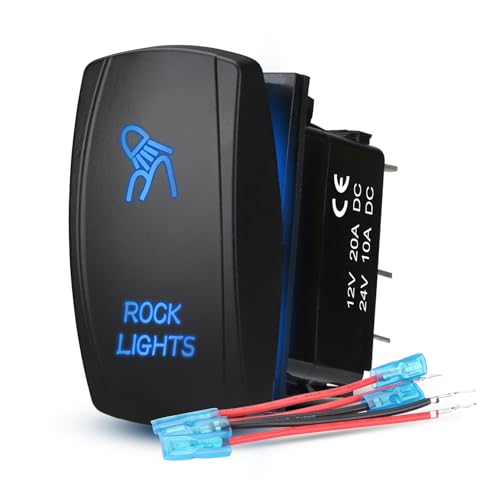 Weasch LED Rock Light Rocker Switch, Laser On/Off SPST 5Pin Waterproof, 20A/12V 10A/24V, with Jumper Wires for Cars Trucks RVs Boat ATV UTV RZR, Blue