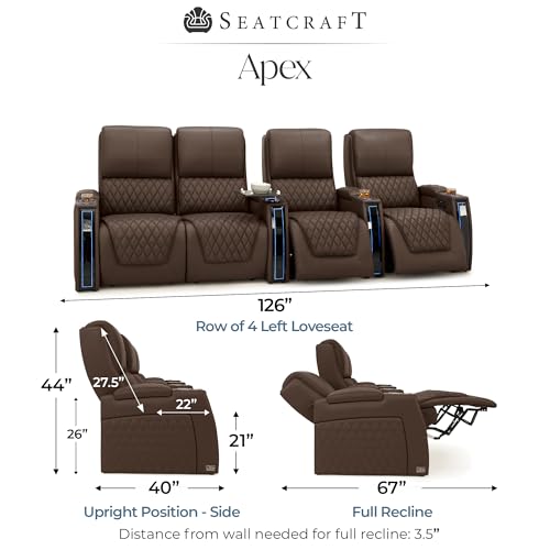 Image of Seatcraft Apex Brown Italian Leather Home Theater Seating, Zero Gravity Power Recliner Chair, Powered Headrest and Lumbar Gaming and Lounge Sofa Furniture for Cinema Room, Row of 4 Left Loveseats