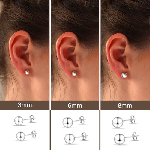 Set of 3 Pairs 925 Sterling Silver Lightweight Ball Post Stud Earrings for Women Teen4