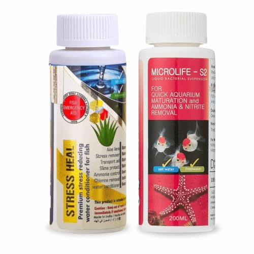 Image of Foodie Puppies Aquatic Remedies 2-in-1 Aquarium Medicine Combo - (Microlife S2 + Stress Heal, 200ml Each) | Anti-Bacterial Effective Fish Skin Treatment for Fresh Water