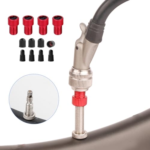 4Pcs Presta to Schrader Bike Valves Adaptor Aluminum Alloy Converter Bicycles Tire Valves Converter with Valves Caps Presta to Schrader Bike Valves Adaptor Cycling Tire Tools Tire Converter, silver