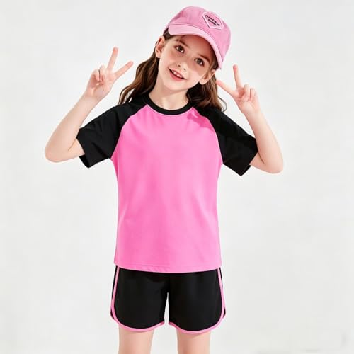 Tilozs Sportkleidung Mädchen Jogginganzug+ Elastische Taille Jogging Hosen Trainingsanzug Kinder 2tlg Bekleidungsset Yoga, Rose rot, 134-140(Herstellergröße: 140)