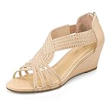 PIZZ ANNU Women's Diana Low Wedge Sandals Sparkly Rhinestone Open Toe Fashion Dress Shoes for Woman Lady in Bridal Dance Evening, Nude 7