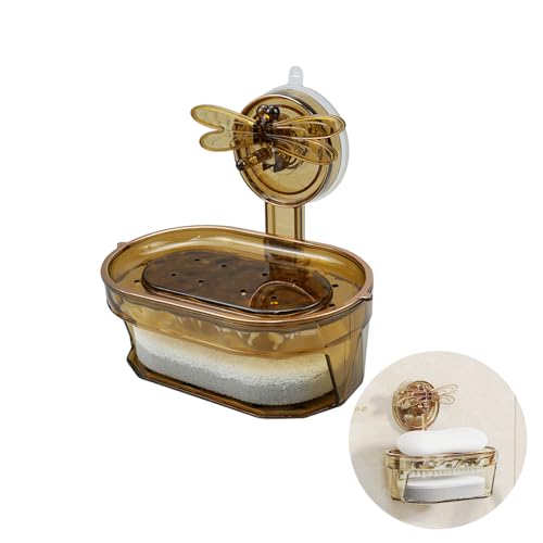 wocpvm jabonera con Ventosa de libélula no Necesita taladrar, Plato de Barra de jabón con Ventosa y Esponja Soporte de Barra de jabón de Doble Capa montado para baño, Ducha, Cocina