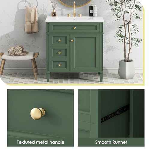 Linique 30" Bathroom Vanity with Sink Combo Set, Solid Wood Frame Modern Bathroom Storage Cabinet with 2 Drawers and a Tip-Out Drawer, Soft Closing Cabinet Door with Organizer, Green