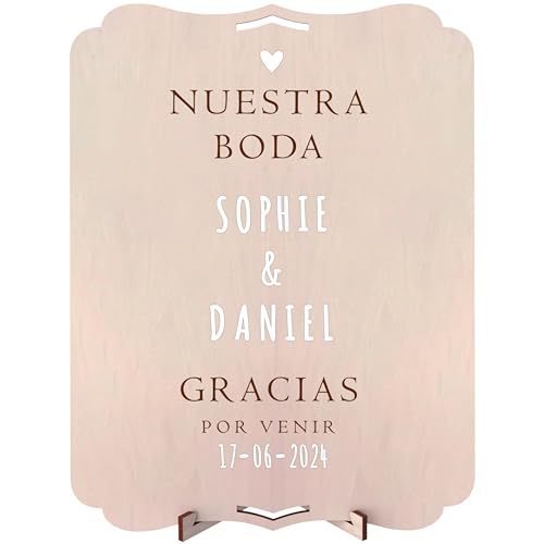nagu® Boda. Pancarta Personalizada De Madera 30x22 cm Poster Personalizado Con Letras, Números Adhesivos - Photocall Boda - Con Pie de Soporte y Orificio Para Colgar Cartel Personalizado Decoración