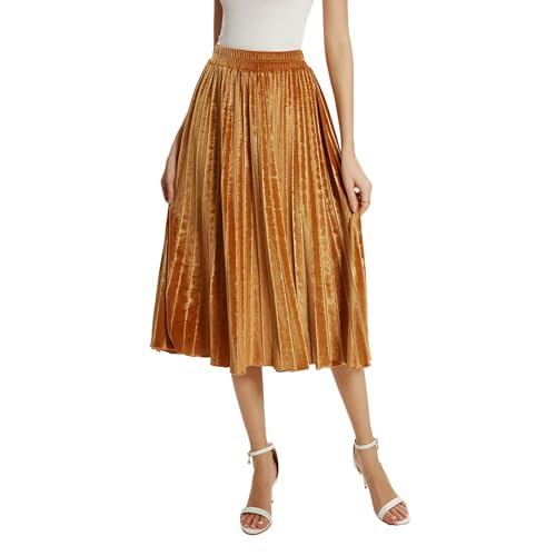 TONCHENGSD Women's High Elastic Waist Velvet Midi Long Pleated Swing Ruffled Skirt3