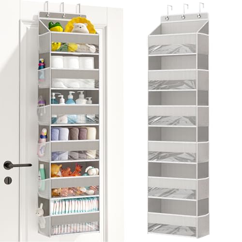 Image of Fixwal 1 Pack Over Door Organizer with 6 Large Pockets 12 Mesh Side Pockets, Hanging Storage Organizer with Clear Window Kids Toys, Shoes, Diapers, Light Grey, 6 Layers