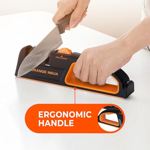 Orange Ninja Knife Sharpeners - 5 Adjustable Sharpening Angle- Premium Quality Kitchen Knife Sharpener - Handheld Knife Sharpeners for Kitchen Knives & Pocket Knife Sharpener by Sharp Pebble