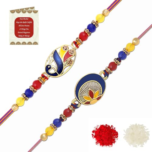 Image of Riddhika Ventures Stylish Kundan and AD Ring Rakhi (Set of 2) with Roli Chawal and Greeting Card || Raksha Bandhan Traditional Festive Gift Pack For Bhaiya Bhabhi