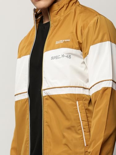 Image of SHOWOFFFF Men Colourblocked Bomber Jacket | Mock Collar Full Sleeves Nylon Jacket for Mens | Slim Fit Regular Length Jacket for Men's