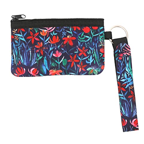 Calormixs Women's Id Case Zipper Wallet Card Holder With Lanyard Interlayer Pocket Key Coin Pouch Keychain Purse Neoprene Wristlet Wallet Floral Print(Jungle Night) #TOP6