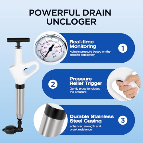 Image of High Pressure Toilet Plunger - Stainless Steel Air Drain Blaster with Visual Barometer - Powerful Clog Remover for Toilets, Bathrooms, Floor Drains, Kitchen Pipes