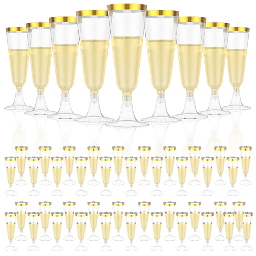 FALESOUL 50 Pack Champagne Flutes Plastic, 5 oz Clear Disposable Champagne Flutes, Clear Plastic Toasting Rimmed Toasting Glasses for Party, Mimosa Bar, Wedding, Anniversary
