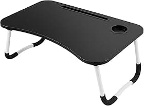 Mesa Dobrável para Notebook com Porta Copo e Suporte para Celular | Mesa Portátil MDF 60x40cm | Mesa para Cama, Sofá e Home Office com Pés Antiderrapantes (Preto)