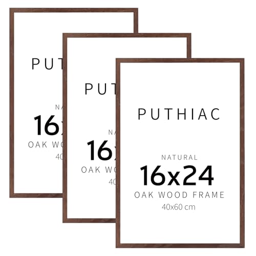 puthiac 16x24 Walnut Oak Wood Picture Frame - Minimalist 16x24 Poster Frame, 16"x24" Frame Wood, Natural Solid Wooden Picture Frames for Wall Art Photo and Prints (3 Pack, Walnut)