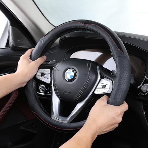 車 ハンドルカバー かっこいい ステアリングカバー 軽自動車 本革 牛革 事故防止 滑らない (ブラック) sサイズ