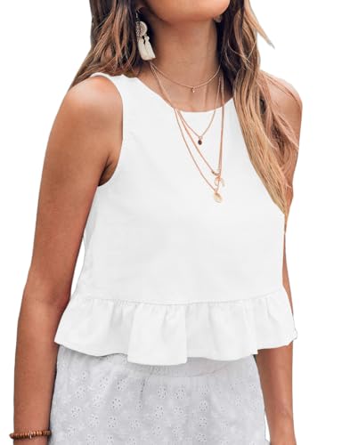IDEALSANXUN Womens Linen Tank Tops Crewneck Ruffle Cropped Cute Sleeveless Shirts Blouses