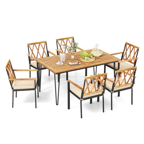 Outdoor Dining Ann Arbor Mi: Top Patio Sets for Stylish Backyard Meals 9 Tangkula 7-Piece Patio Dining Set, Acacia Wood Outdoor Furniture Set with 2” Umbrella Hole and Seat Cushions, Rectangular Dining Table and 6 Chairs Set for Patio Garden Poolside Backyard