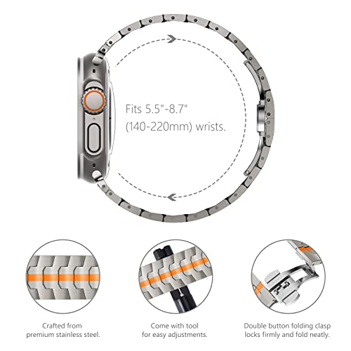 Fullife Compatible with Apple Watch Straps 49mm 46mm 45mm 44mm 42mm(Series 3 2 1) Metal Strap,Stainless Steel Replacement Band for iWatch Ultra 3 2 1 Series 11/10/9/8/7/6/5/4/3/2/1/SE,Titanium/Orange - Image 3