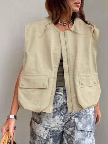 Tankaneo Womens Casual Zip Up Vest Cargo Oversized Ruched Hem Sleeveless Blazer Jackets Tops4