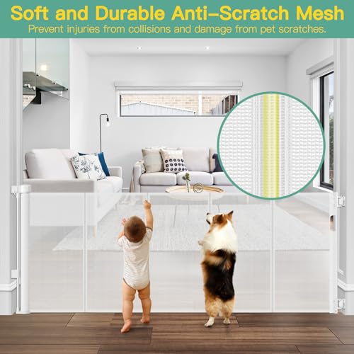 Reinforced 60\" Wide Retractable Baby Gate with Reinforced Rods, 5 ft Retractable Dog Gate Indoor/Outdoor Baby Gate Retractable Mesh Gates for Kids and Pets Retractable Gate - Bottom Anti-Escape, White - Thumbnail 6