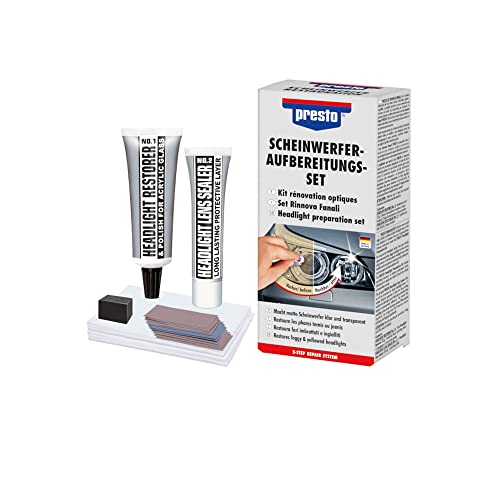 Presto Scheinwerfer-Aufbereitungs-Set, Komplettes Set zur Scheinwerferaufbereitung, für Auto & Motorrad, inkl. Politur, Entfernt Kratzer, UV-Schutz