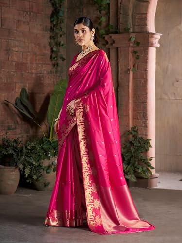 Image of MADHUHANSH Women's Cotton Silk Saree with Unstitched Blouse Piece Zari Weave and Floral Pattern | Heavy Embroidery Saree for Women | Interview Saree for Women | Readymade Blouse with Saree Set