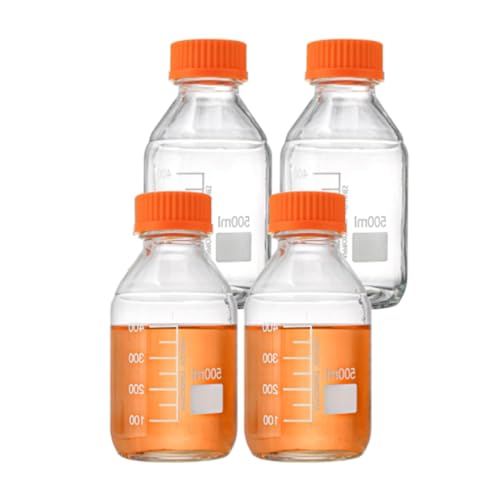 4-Pack of Glass Media Storage Bottles with Graduations and Orange Screw Caps, 500ml Round Culture Medium Glass Bottles, Clear and Airtight, Suitable for Laboratory, Classroom or Home Use