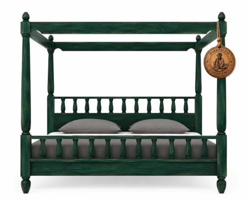 Image of Sheesham Solid Wood Allure Poster Bed for Bedroom | Handmade Wooden Cot | Elegant Four Poster King Size Bed Frame (Rustic Green, Queen, Allure)