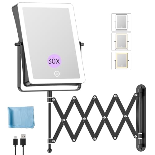 Famihomii 5000mAh Wiederaufladbar Kosmetikspiegel mit LED Beleuchtetung, 8,7 Zoll beidseitig 1X/30X Vergrößerung kosmetikspiegel wandmontage,3 Farbtemperaturen, Dimmbarer,360° Schwenkbar (Schwarz) 1