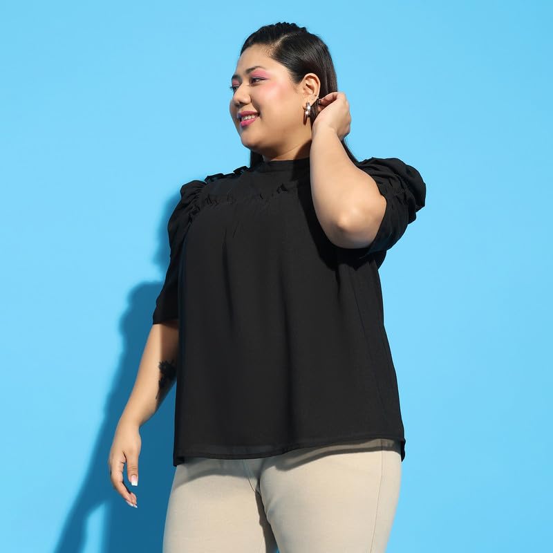 Image of oxolloxo Women Plus Size Round Neck Short Sleeve with Gather Pleates Ruffle Detail Top