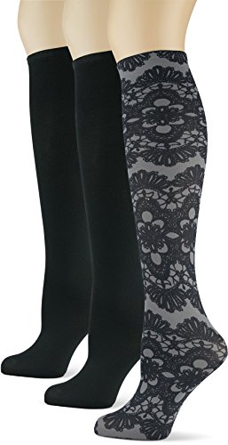 Knee High Trouser Socks w/Colorful Printed Patterns - Made in USA by Sox Trot (3 Black & Lace)