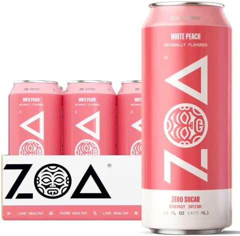 ZOA Zero Sugar Energy Drinks - Healthy Energy Formula with Vitamins, Electrolytes, Antioxidants, 210mg of Natural Caffeine - White Peach, 16 Ounce (Pack of 12)