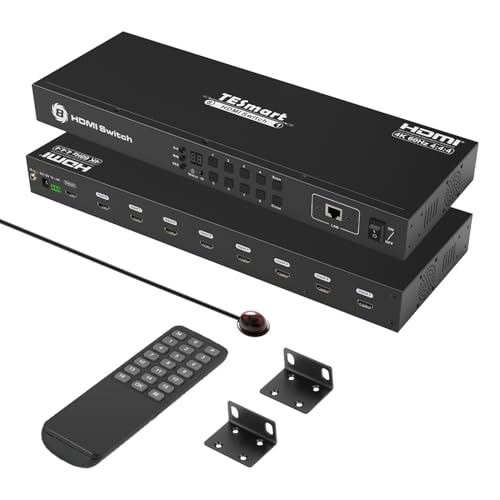 TESmart 8×1 HDMI Switch 8 in 1 Out 4K @ 60Hz HDCP with 19-inch Rack-Ears | RS-232 / LAN Control | IR Remote Control and Auto Switch | Auto Scan Time Interval - Black